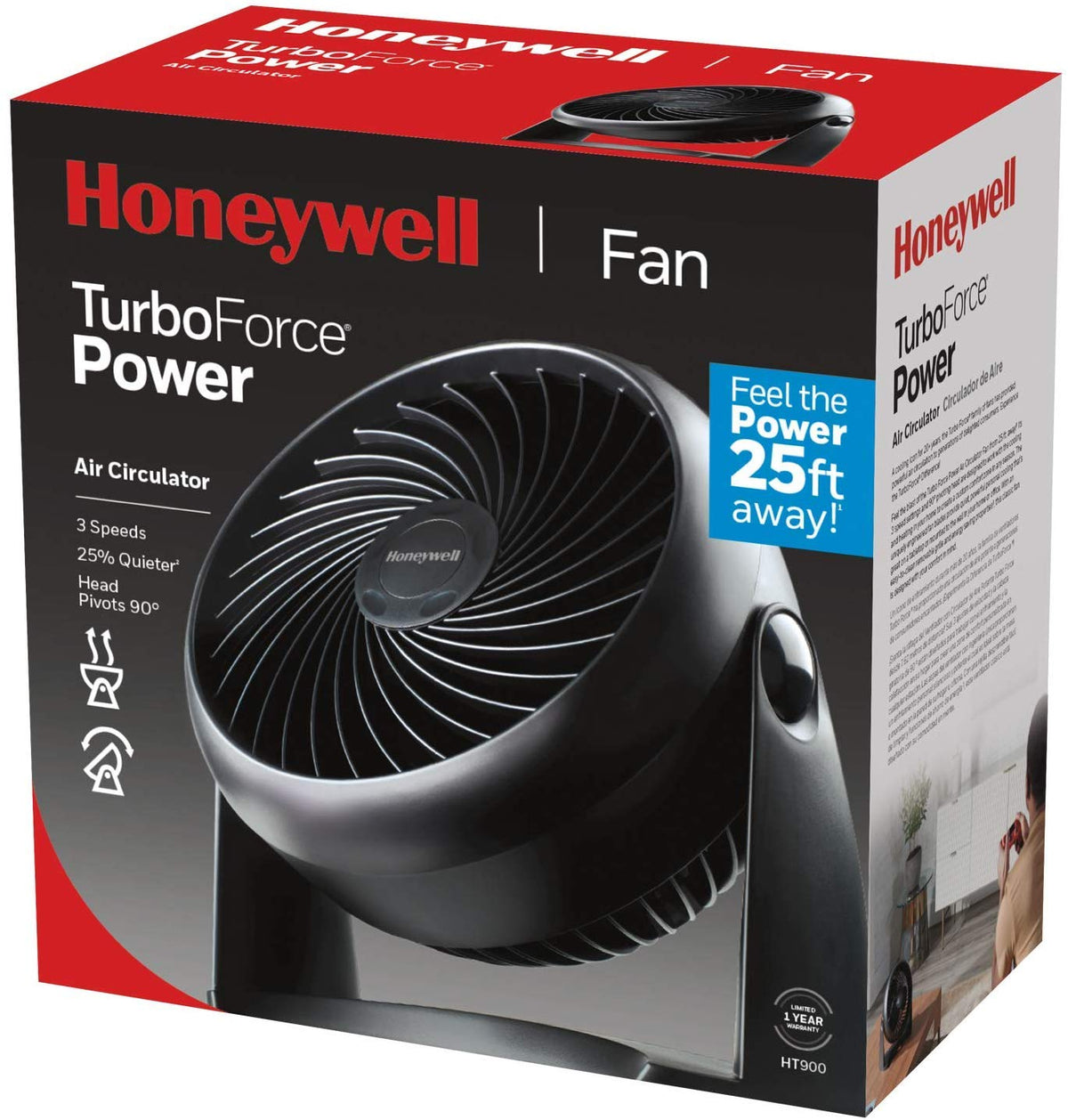 Honeywell TurboForce Air Circulator, Small Tabletop Fan, Quiet Personal Fan for Home or Office, 3 Speeds, 90 Degree Pivoting Head, Black, HT900