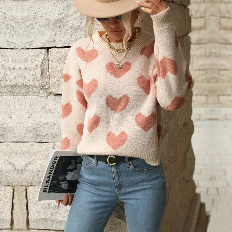 TEMUCross-Border New Products2026Autumn European and American casual top, Valentine's Day round-neck long-sleeve heart-patterned