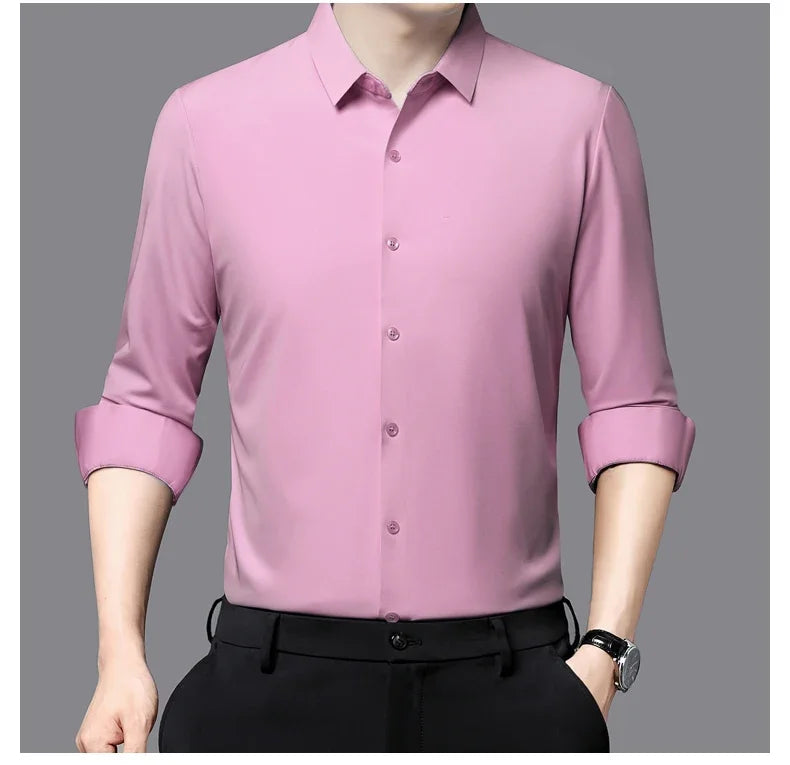 Seamless Anti-wrinkle Business Silky High Elastic Spandex Men's Long-sleeved Shirt Formal Social Non-iron Solid Color Casual