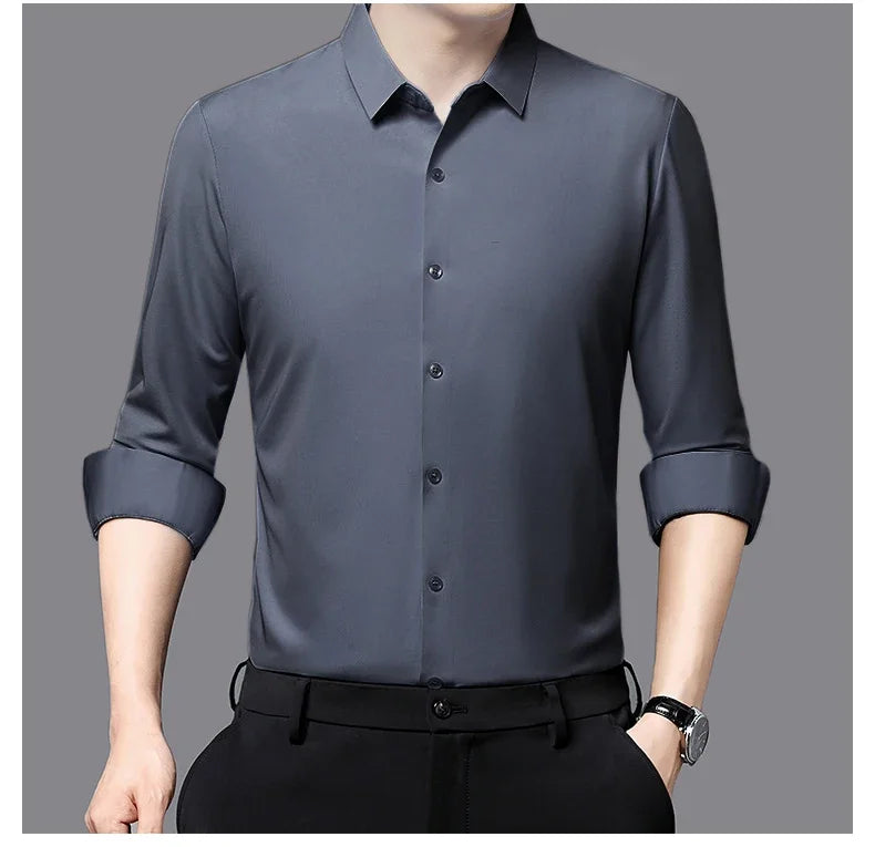 Seamless Anti-wrinkle Business Silky High Elastic Spandex Men's Long-sleeved Shirt Formal Social Non-iron Solid Color Casual