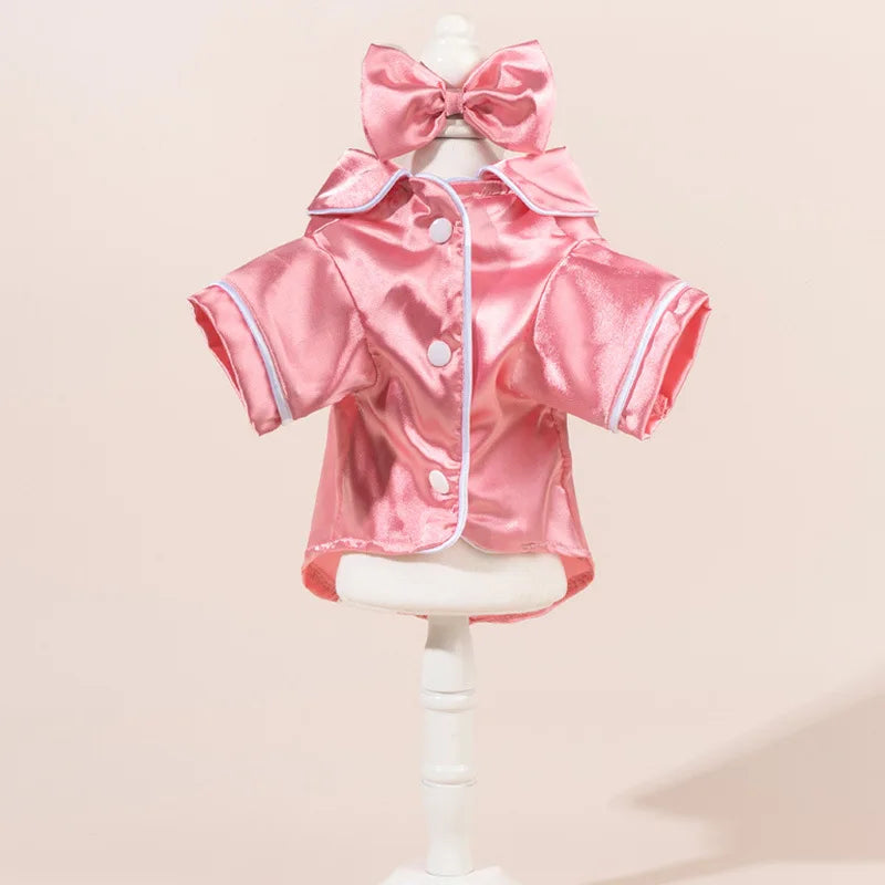 Dog Pajamas Set with Bow Headband, Satin Pet Sleepwear, Cute Soft Puppy Clothes for Small Dogs and Cats