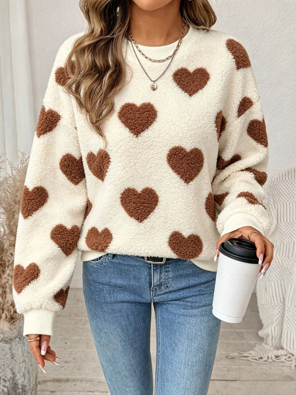 Women Fuzzy Teddy Fleece Pullover Sweater, Heart Print Crew Neck Long Sleeve Loose Warm Casual Sweatshirt for Fall Winter