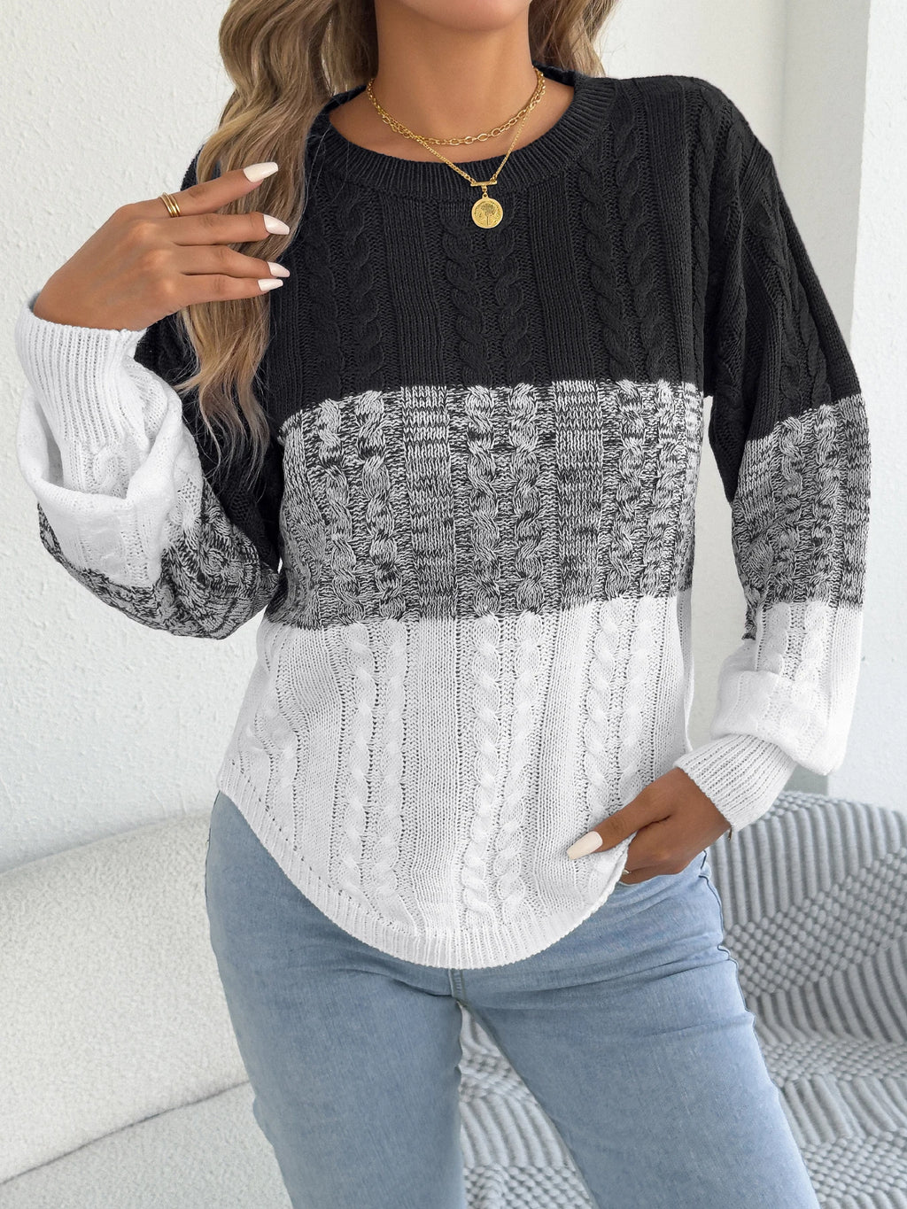 Woman Casual Color Block Striped Sweater Round Neck Lantern Long Sleeve Twist Knitted Tops for 2026 Autumn Winter Women Clothes