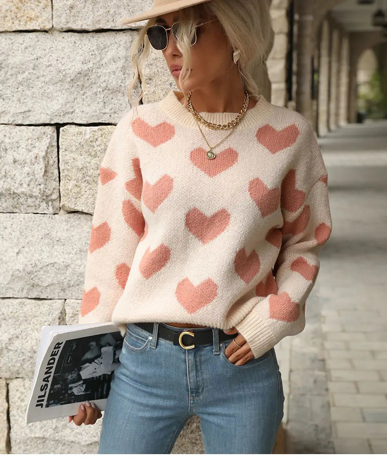 TEMUCross-Border New Products2026Autumn European and American casual top, Valentine's Day round-neck long-sleeve heart-patterned