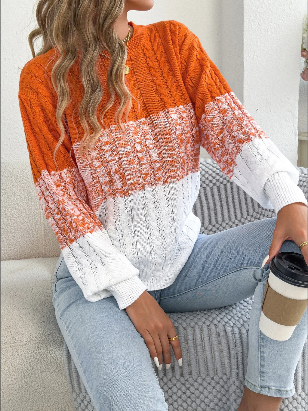 Woman Casual Color Block Striped Sweater Round Neck Lantern Long Sleeve Twist Knitted Tops for 2026 Autumn Winter Women Clothes