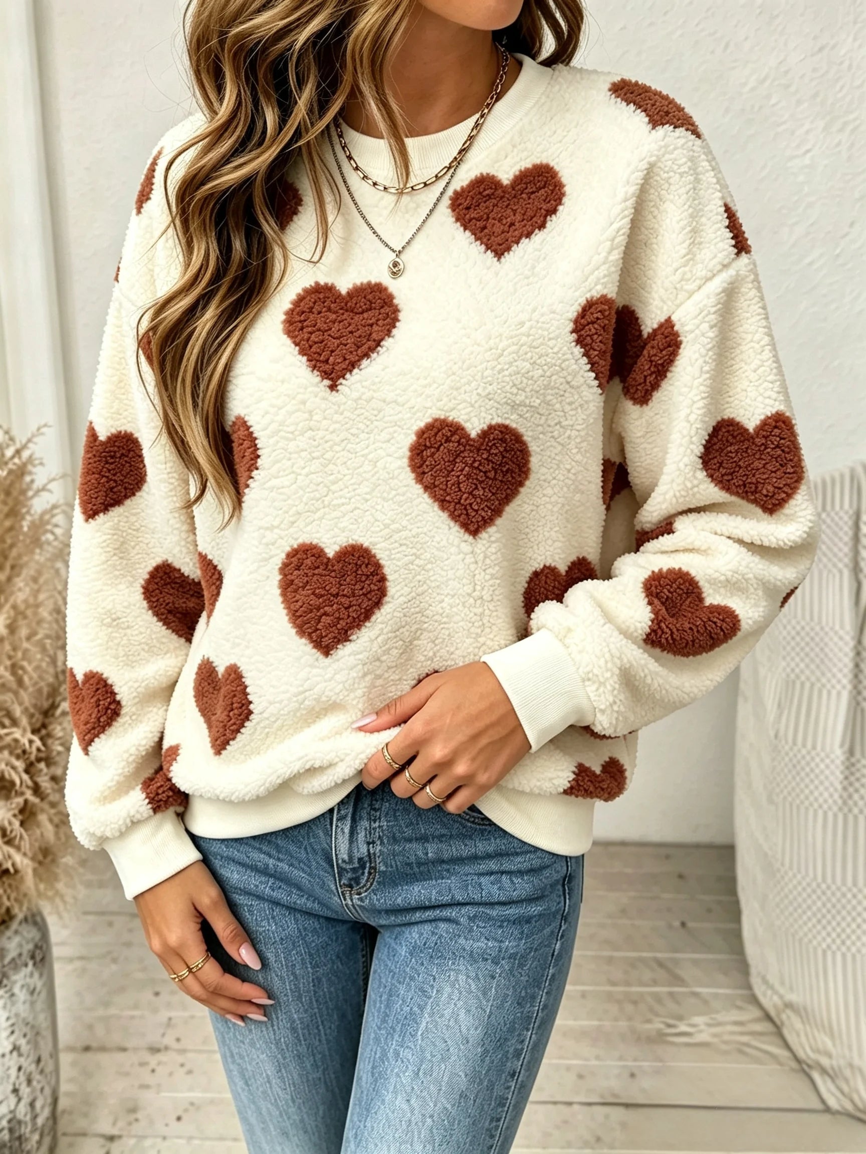 Women Fuzzy Teddy Fleece Pullover Sweater, Heart Print Crew Neck Long Sleeve Loose Warm Casual Sweatshirt for Fall Winter