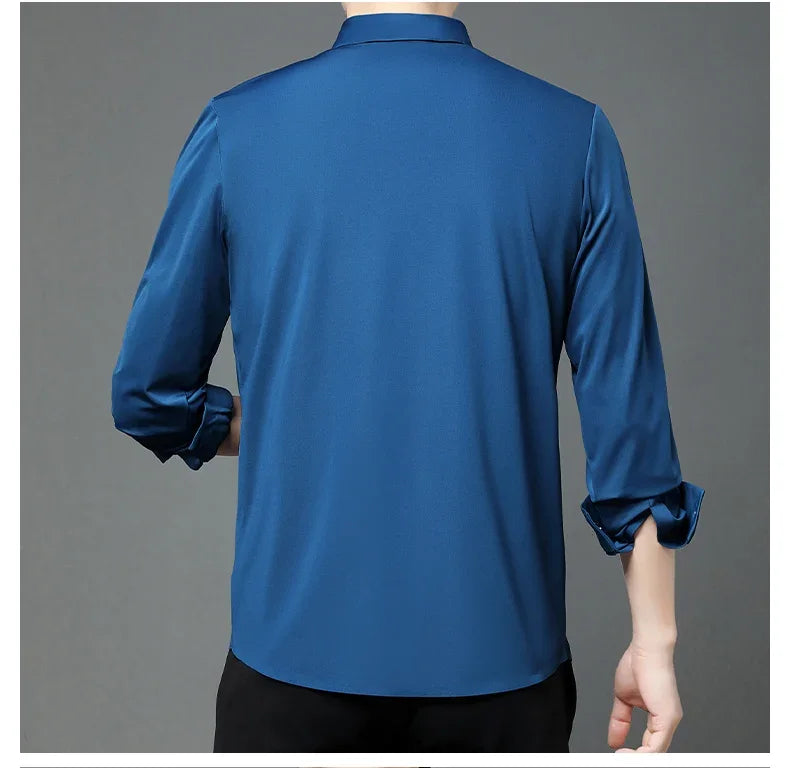 Seamless Anti-wrinkle Business Silky High Elastic Spandex Men's Long-sleeved Shirt Formal Social Non-iron Solid Color Casual