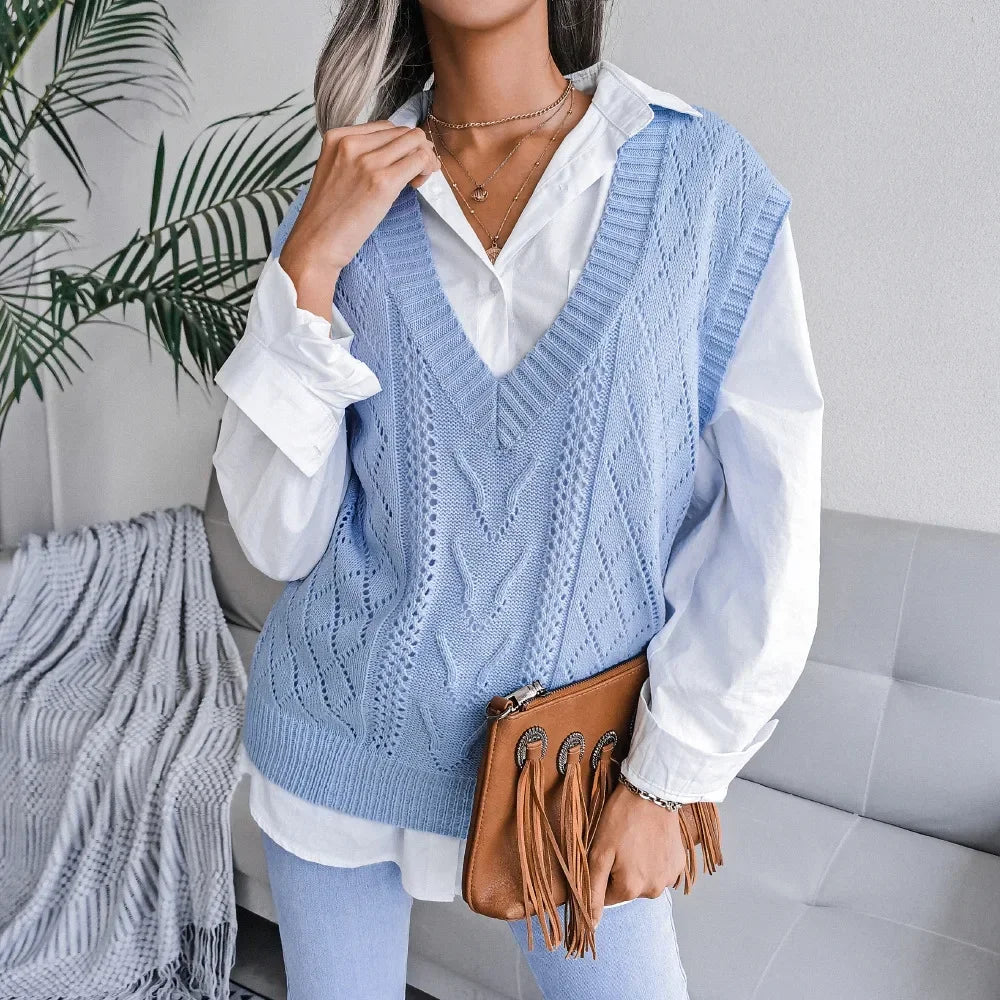 2026 Autumn Winter V-Neck Cable Knit Vest Classic Loose Fit Sweater Top Autumn Winter Casual Solid Color Sleeveless Knitwear