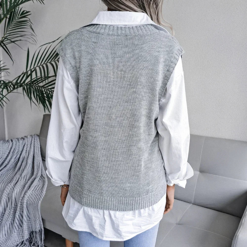 2026 Autumn Winter V-Neck Cable Knit Vest Classic Loose Fit Sweater Top Autumn Winter Casual Solid Color Sleeveless Knitwear