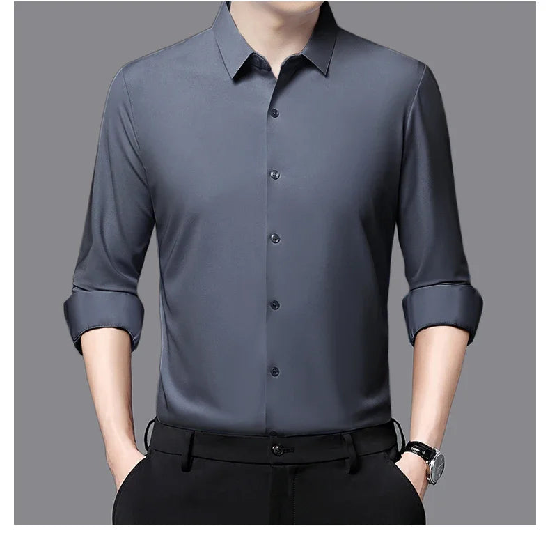 Seamless Anti-wrinkle Business Silky High Elastic Spandex Men's Long-sleeved Shirt Formal Social Non-iron Solid Color Casual