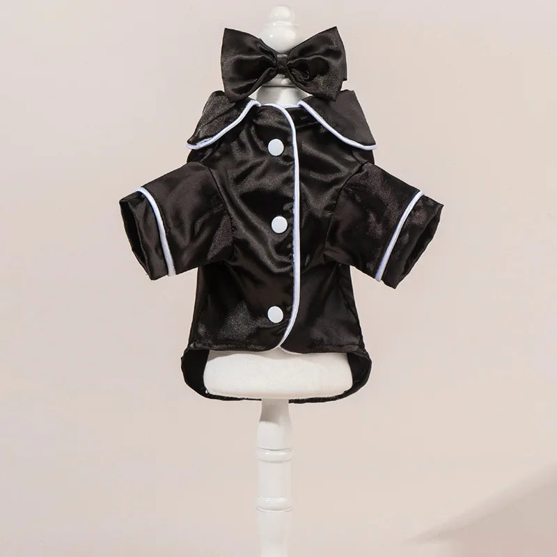 Dog Pajamas Set with Bow Headband, Satin Pet Sleepwear, Cute Soft Puppy Clothes for Small Dogs and Cats