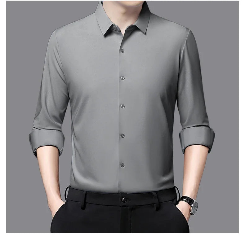 Seamless Anti-wrinkle Business Silky High Elastic Spandex Men's Long-sleeved Shirt Formal Social Non-iron Solid Color Casual