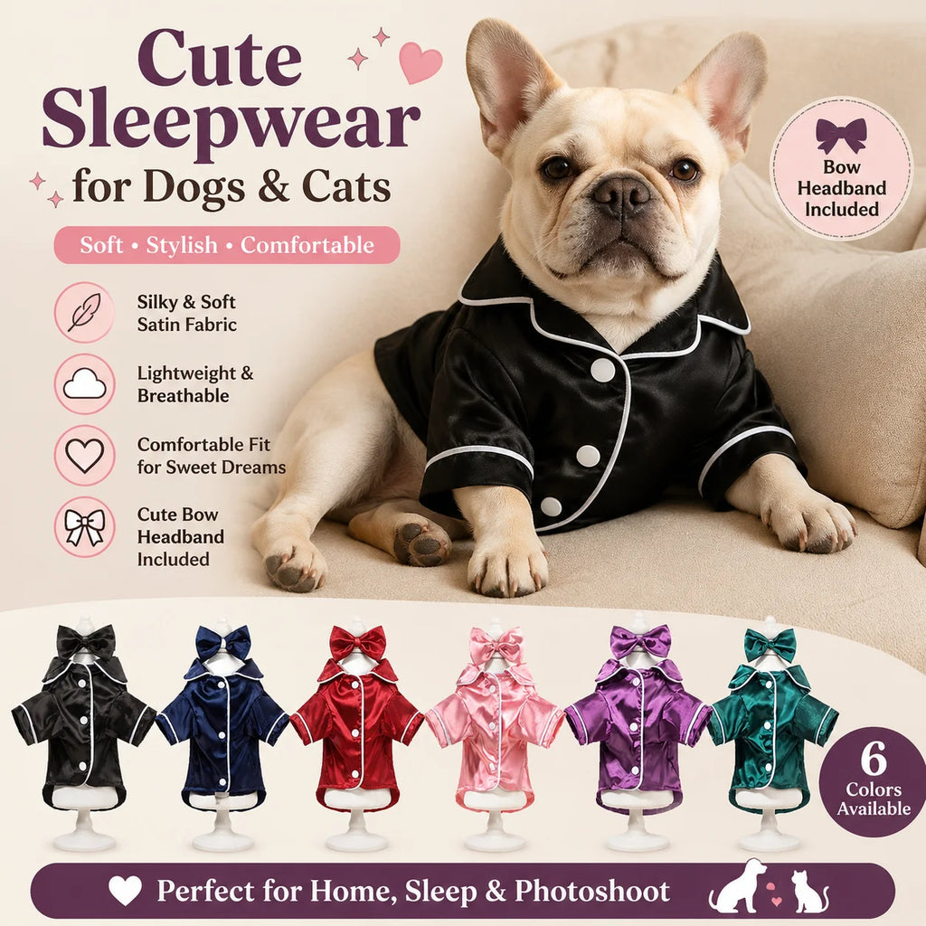 Dog Pajamas Set with Bow Headband, Satin Pet Sleepwear, Cute Soft Puppy Clothes for Small Dogs and Cats
