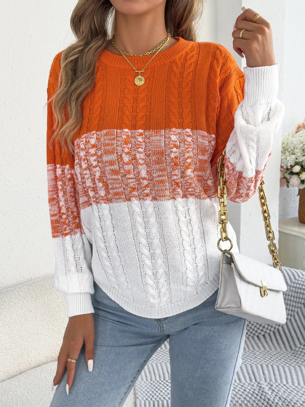 Woman Casual Color Block Striped Sweater Round Neck Lantern Long Sleeve Twist Knitted Tops for 2026 Autumn Winter Women Clothes