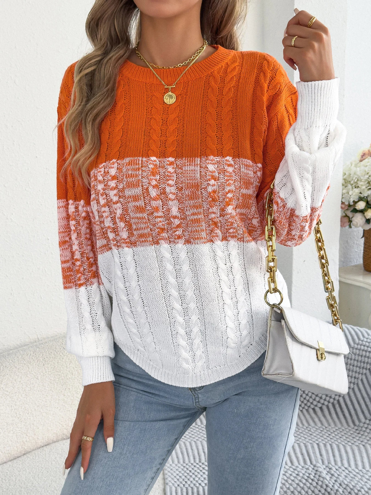 Woman Casual Color Block Striped Sweater Round Neck Lantern Long Sleeve Twist Knitted Tops for 2026 Autumn Winter Women Clothes
