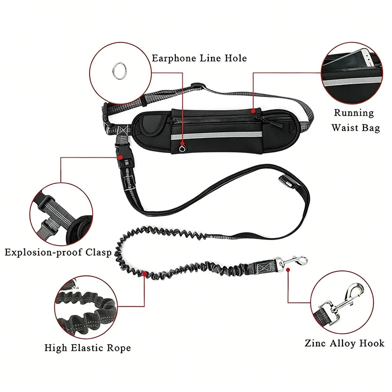 Dog Running Waist Leash Nylon Pet Leash with Waist Bag Retractable Elastic Belt Dog Traction Rope Reflective Belt Buckle