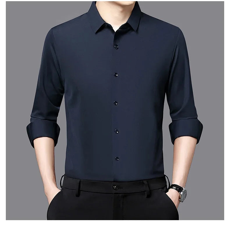 Seamless Anti-wrinkle Business Silky High Elastic Spandex Men's Long-sleeved Shirt Formal Social Non-iron Solid Color Casual