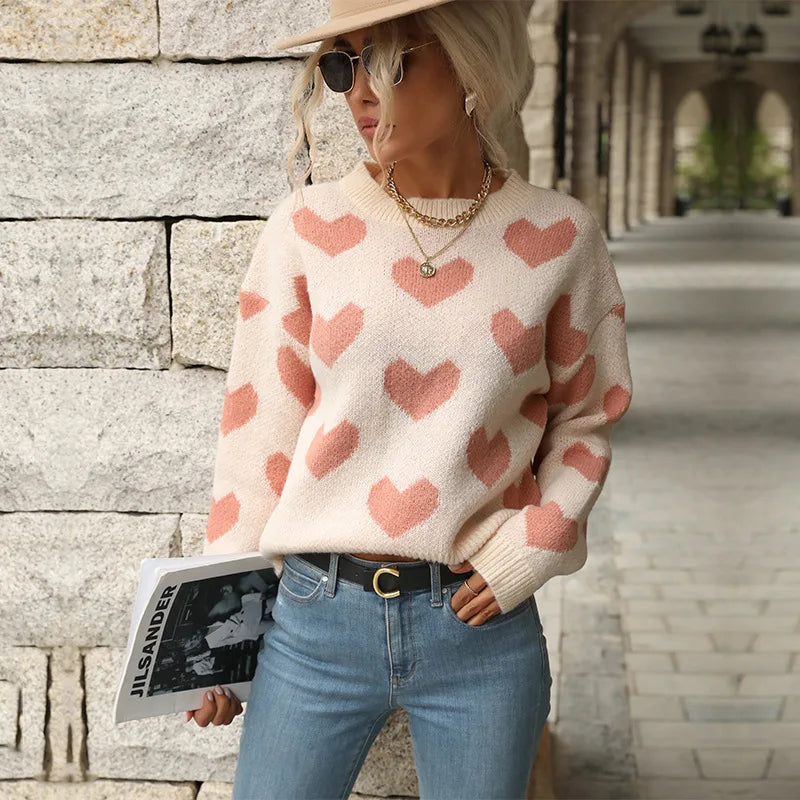 TEMUCross-Border New Products2026Autumn European and American casual top, Valentine's Day round-neck long-sleeve heart-patterned