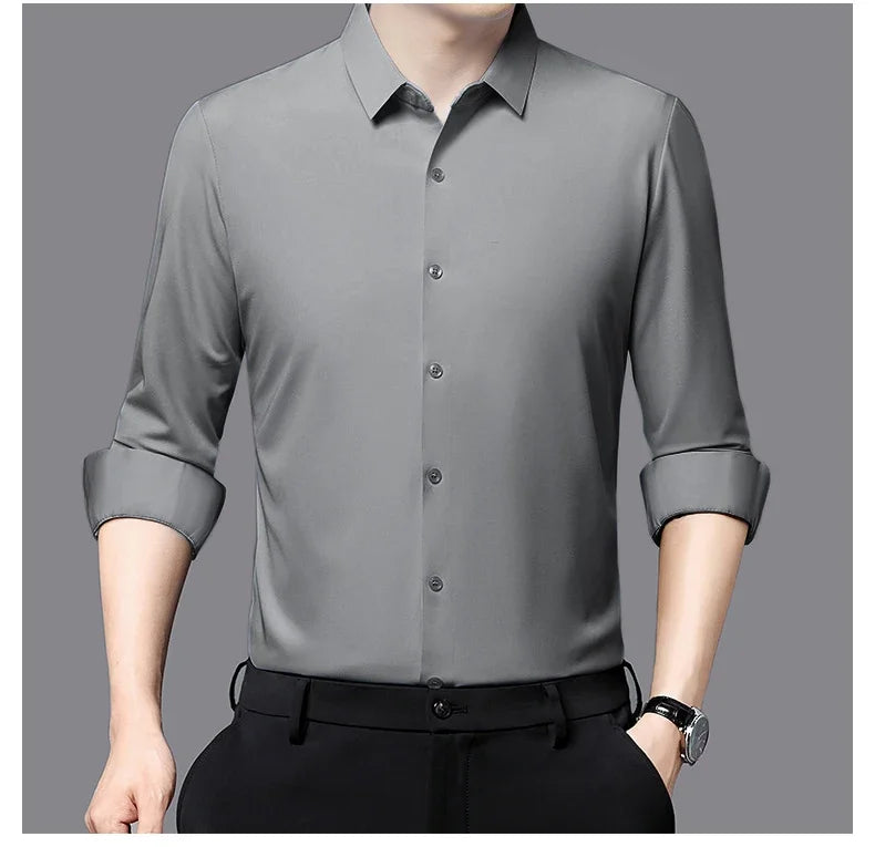 Seamless Anti-wrinkle Business Silky High Elastic Spandex Men's Long-sleeved Shirt Formal Social Non-iron Solid Color Casual