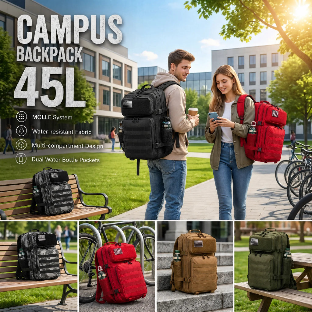 45L Large Capacity Tactical Fishing Backpack Angling Rucksack with Dual Water Bottle Cup Holders Outdoor Camping Fishing Tackle Storage Backpack for Sea Fishing Bank Fishing Hiking Trekking Travel Sports EDC Daily Carry Outdo