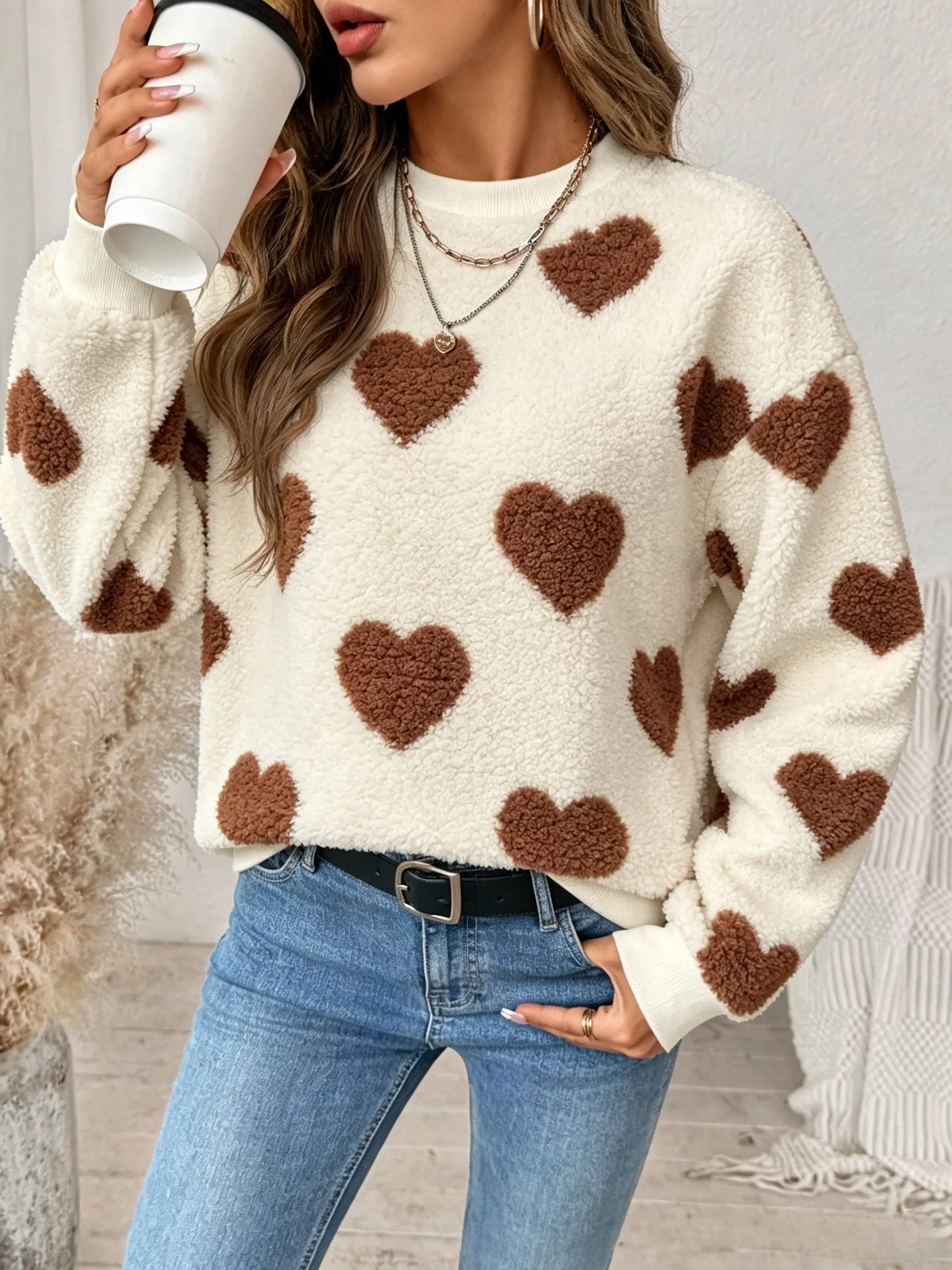 Women Fuzzy Teddy Fleece Pullover Sweater, Heart Print Crew Neck Long Sleeve Loose Warm Casual Sweatshirt for Fall Winter