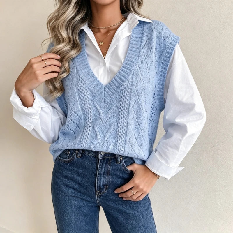 2026 Autumn Winter V-Neck Cable Knit Vest Classic Loose Fit Sweater Top Autumn Winter Casual Solid Color Sleeveless Knitwear