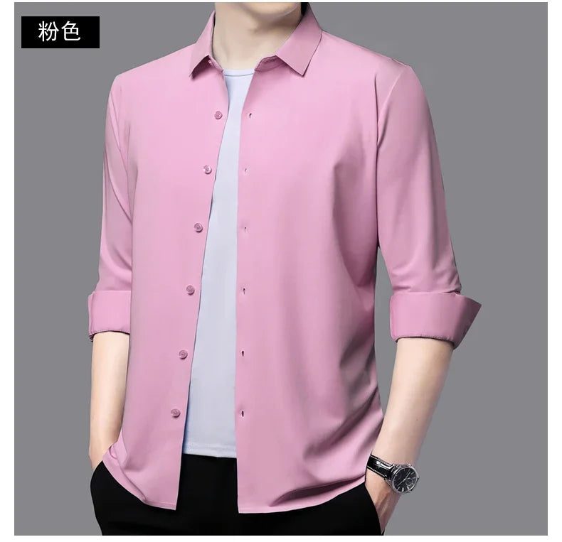 Seamless Anti-wrinkle Business Silky High Elastic Spandex Men's Long-sleeved Shirt Formal Social Non-iron Solid Color Casual