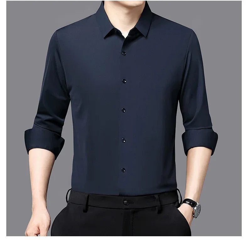 Seamless Anti-wrinkle Business Silky High Elastic Spandex Men's Long-sleeved Shirt Formal Social Non-iron Solid Color Casual