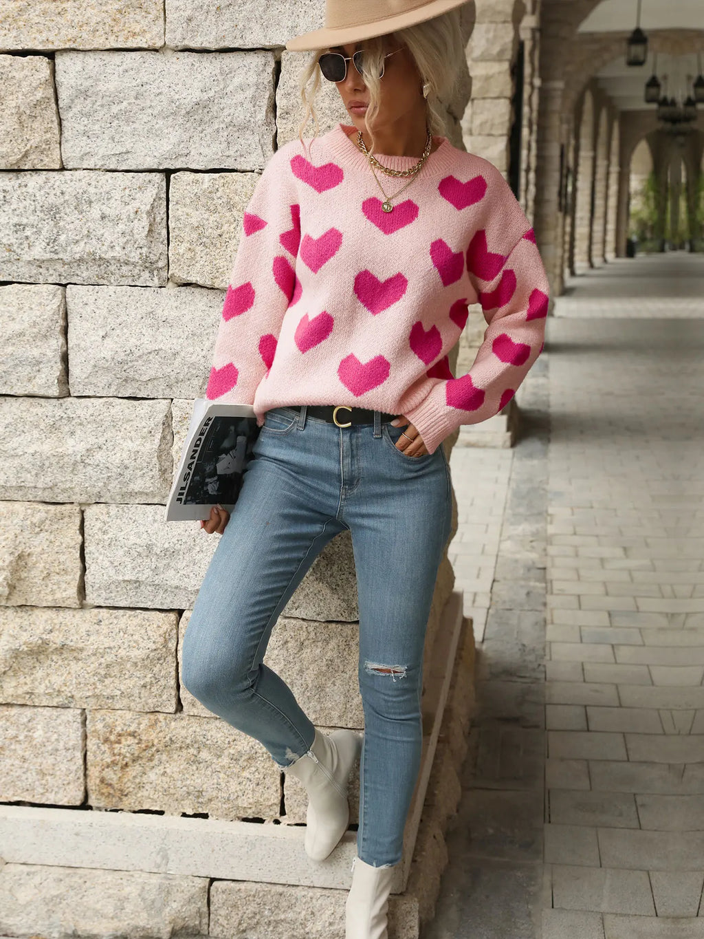 TEMUCross-Border New Products2026Autumn European and American casual top, Valentine's Day round-neck long-sleeve heart-patterned