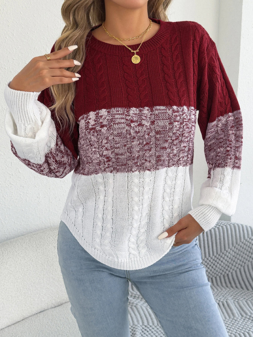 Woman Casual Color Block Striped Sweater Round Neck Lantern Long Sleeve Twist Knitted Tops for 2026 Autumn Winter Women Clothes