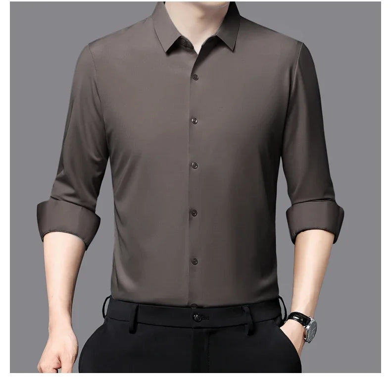 Seamless Anti-wrinkle Business Silky High Elastic Spandex Men's Long-sleeved Shirt Formal Social Non-iron Solid Color Casual