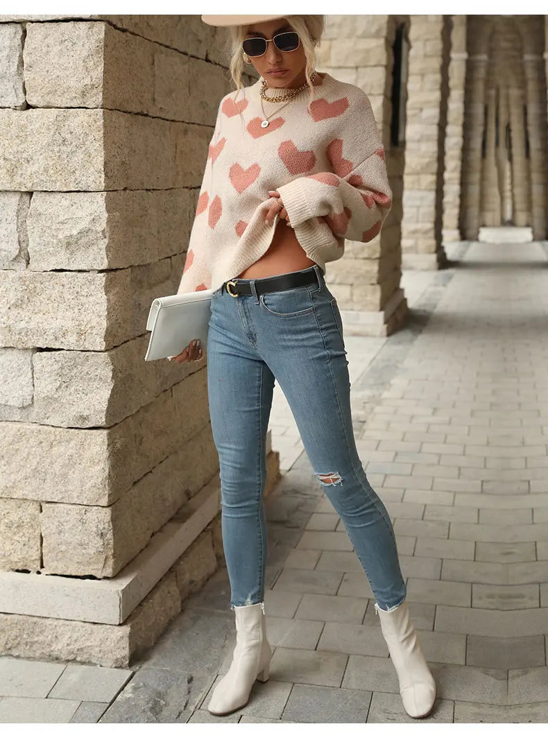 TEMUCross-Border New Products2026Autumn European and American casual top, Valentine's Day round-neck long-sleeve heart-patterned