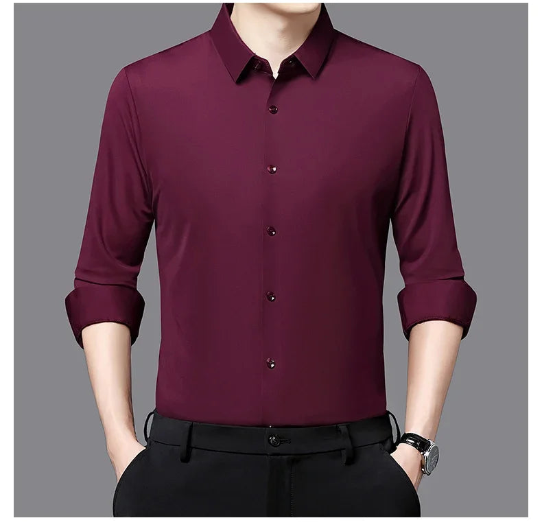 Seamless Anti-wrinkle Business Silky High Elastic Spandex Men's Long-sleeved Shirt Formal Social Non-iron Solid Color Casual