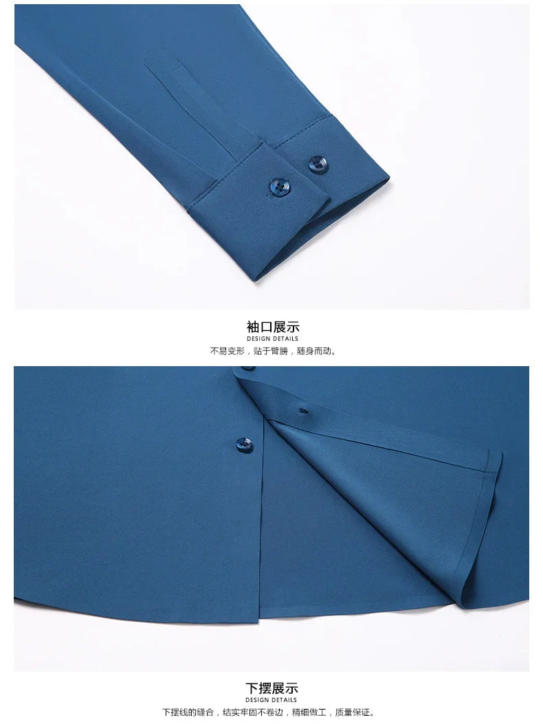 Seamless Anti-wrinkle Business Silky High Elastic Spandex Men's Long-sleeved Shirt Formal Social Non-iron Solid Color Casual