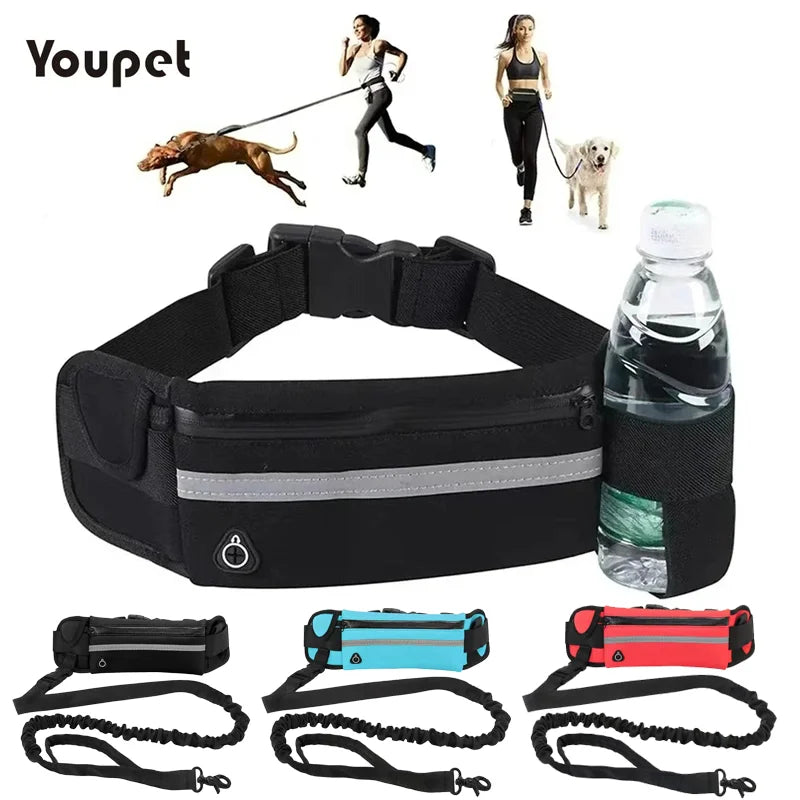 Dog Running Waist Leash Nylon Pet Leash with Waist Bag Retractable Elastic Belt Dog Traction Rope Reflective Belt Buckle