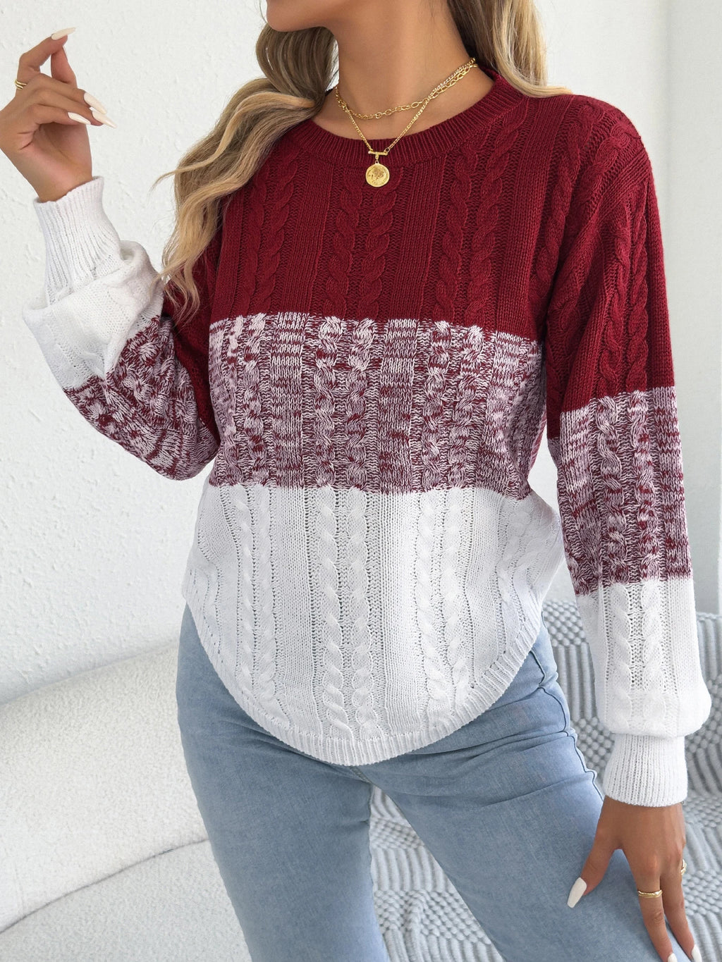 Woman Casual Color Block Striped Sweater Round Neck Lantern Long Sleeve Twist Knitted Tops for 2026 Autumn Winter Women Clothes