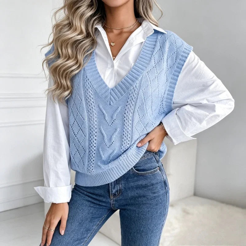 2026 Autumn Winter V-Neck Cable Knit Vest Classic Loose Fit Sweater Top Autumn Winter Casual Solid Color Sleeveless Knitwear