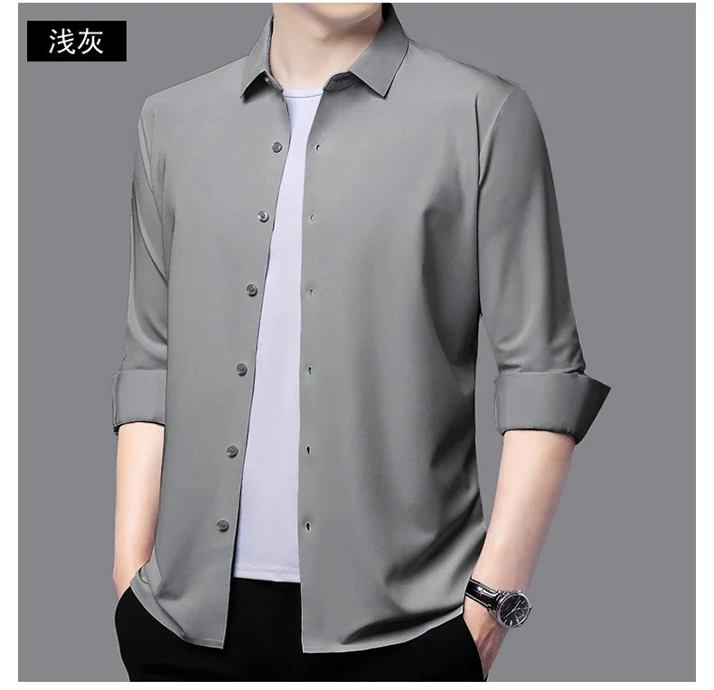 Seamless Anti-wrinkle Business Silky High Elastic Spandex Men's Long-sleeved Shirt Formal Social Non-iron Solid Color Casual