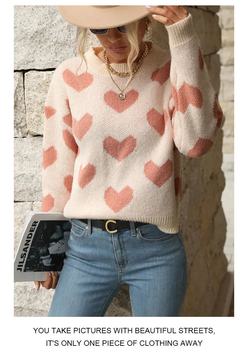 TEMUCross-Border New Products2026Autumn European and American casual top, Valentine's Day round-neck long-sleeve heart-patterned
