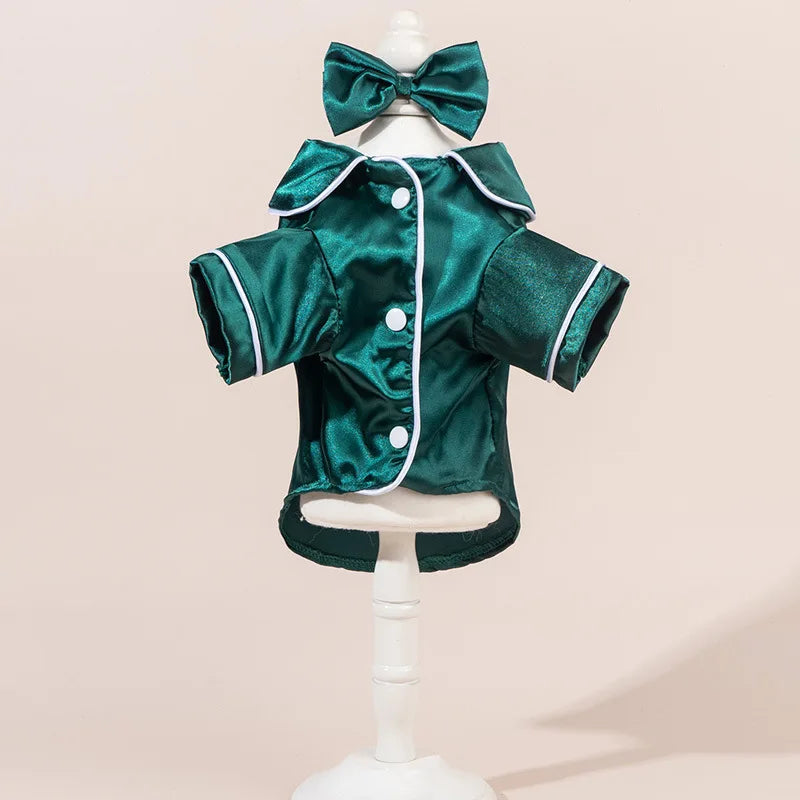 Dog Pajamas Set with Bow Headband, Satin Pet Sleepwear, Cute Soft Puppy Clothes for Small Dogs and Cats