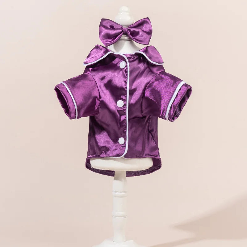 Dog Pajamas Set with Bow Headband, Satin Pet Sleepwear, Cute Soft Puppy Clothes for Small Dogs and Cats
