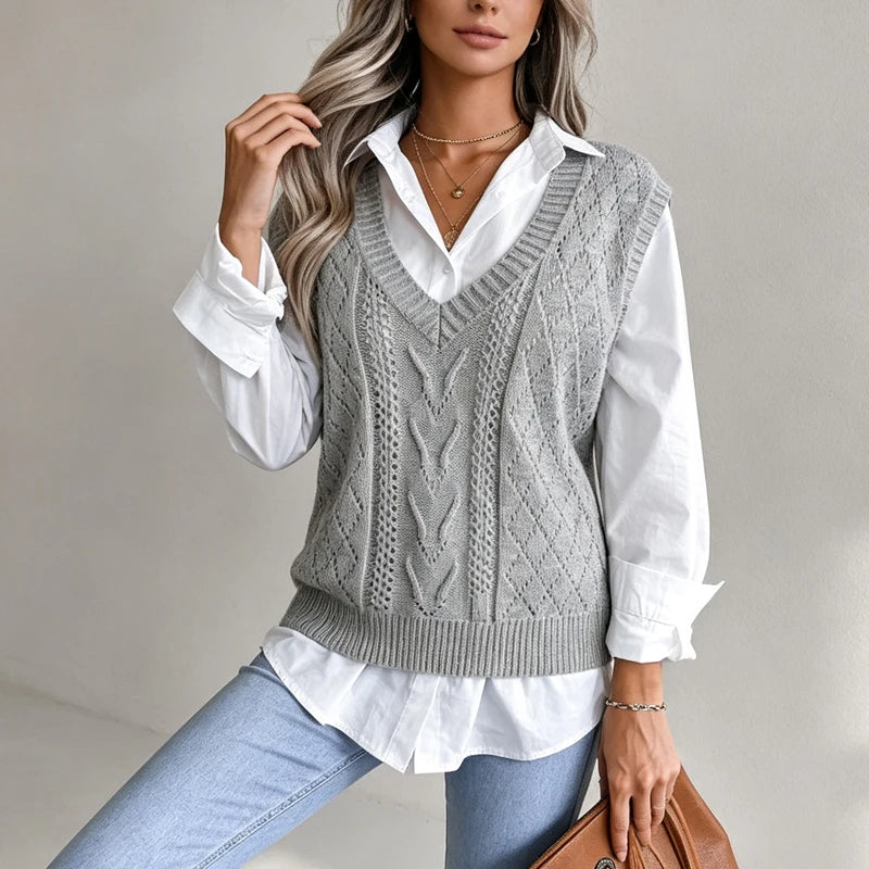 2026 Autumn Winter V-Neck Cable Knit Vest Classic Loose Fit Sweater Top Autumn Winter Casual Solid Color Sleeveless Knitwear