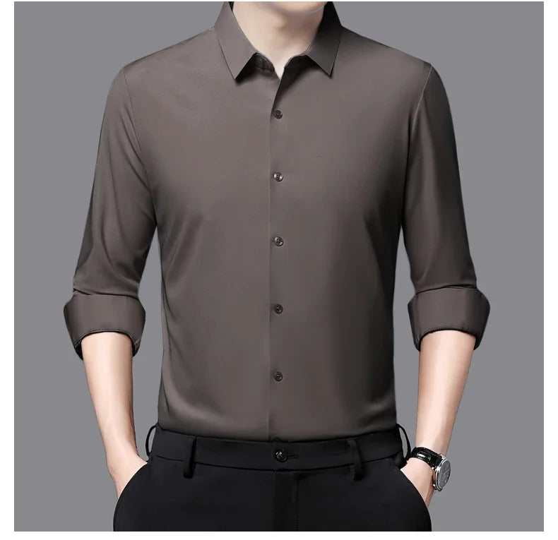Seamless Anti-wrinkle Business Silky High Elastic Spandex Men's Long-sleeved Shirt Formal Social Non-iron Solid Color Casual