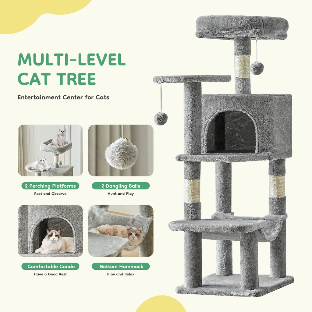 JHK 44In Cat Tree Tall Multi-Cat Climbing Tower for Pet Furniture Natural Sisal Scratching Posts Stable Pet House for Indoor Cat