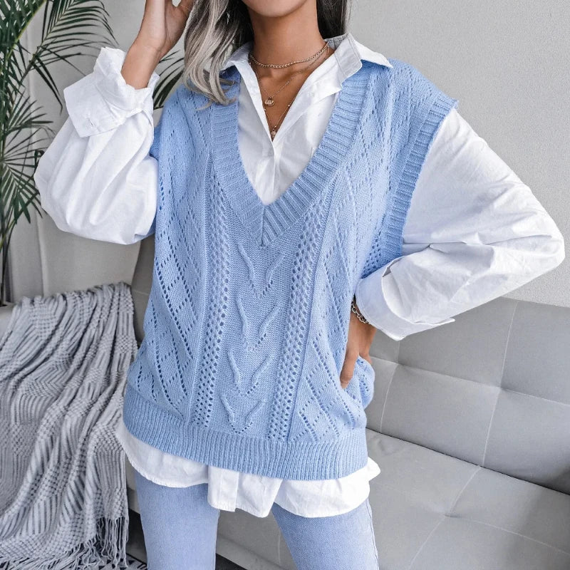 2026 Autumn Winter V-Neck Cable Knit Vest Classic Loose Fit Sweater Top Autumn Winter Casual Solid Color Sleeveless Knitwear