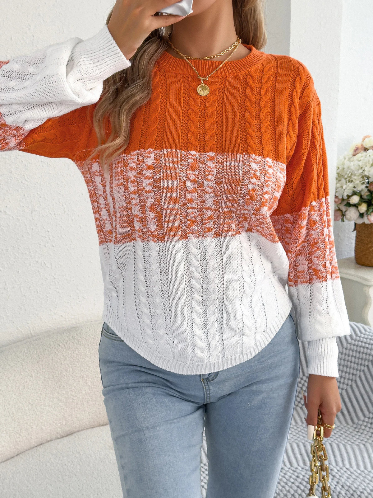 Woman Casual Color Block Striped Sweater Round Neck Lantern Long Sleeve Twist Knitted Tops for 2026 Autumn Winter Women Clothes