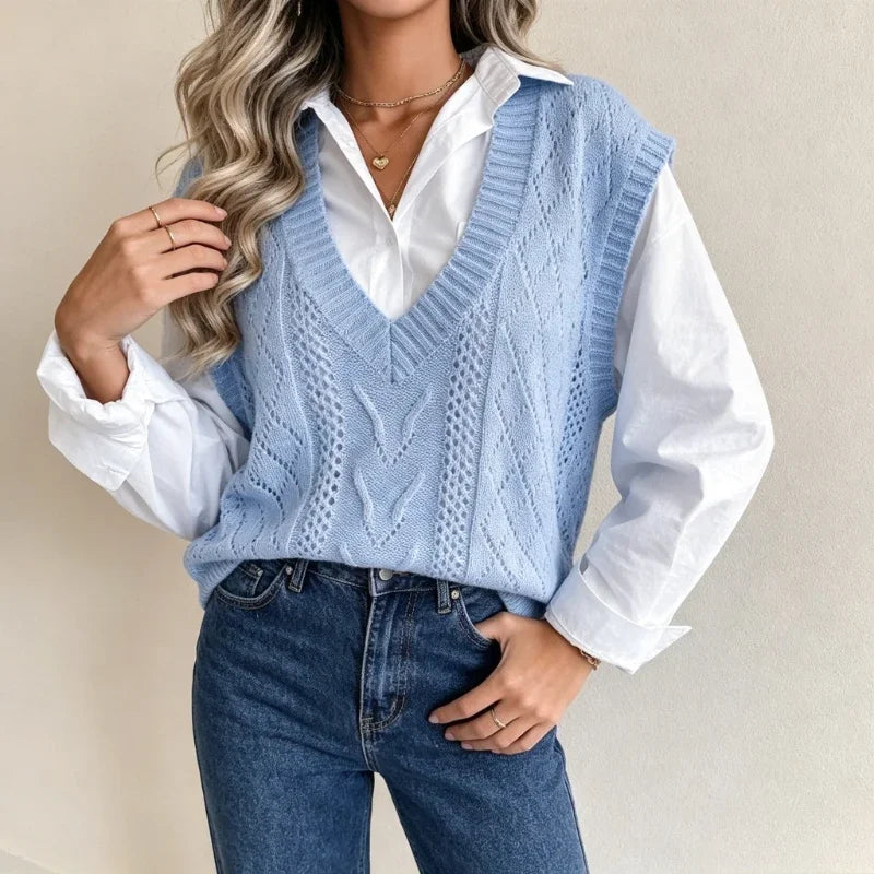 2026 Autumn Winter V-Neck Cable Knit Vest Classic Loose Fit Sweater Top Autumn Winter Casual Solid Color Sleeveless Knitwear