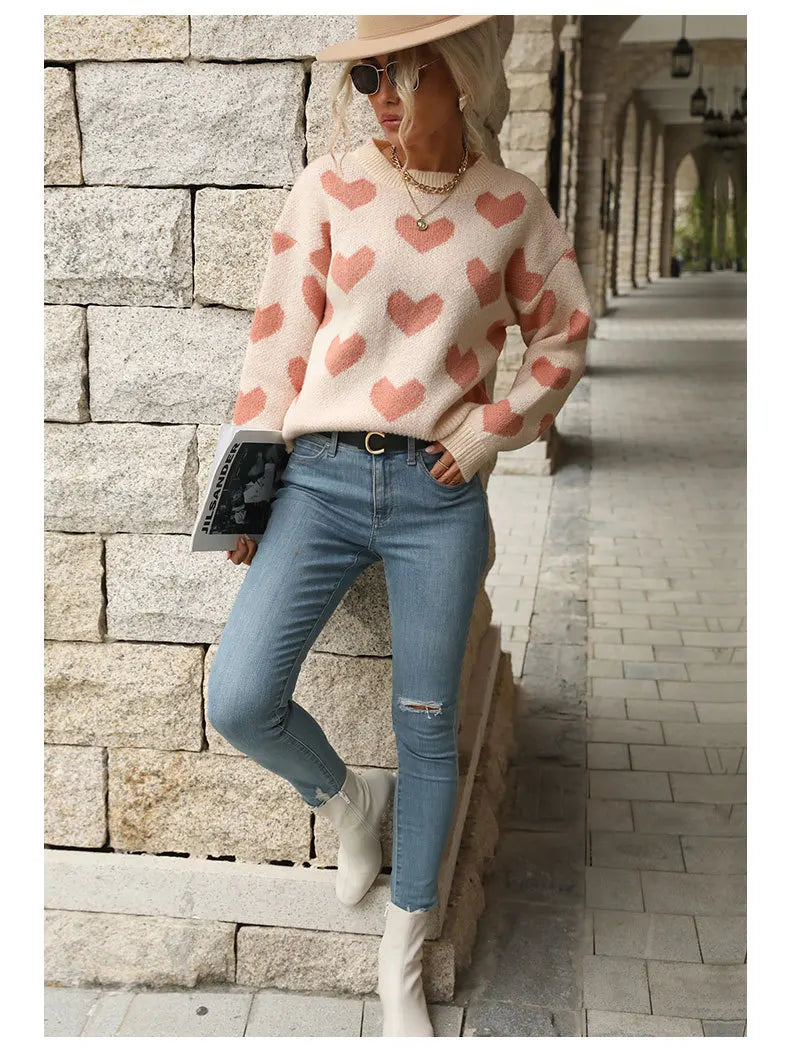 TEMUCross-Border New Products2026Autumn European and American casual top, Valentine's Day round-neck long-sleeve heart-patterned