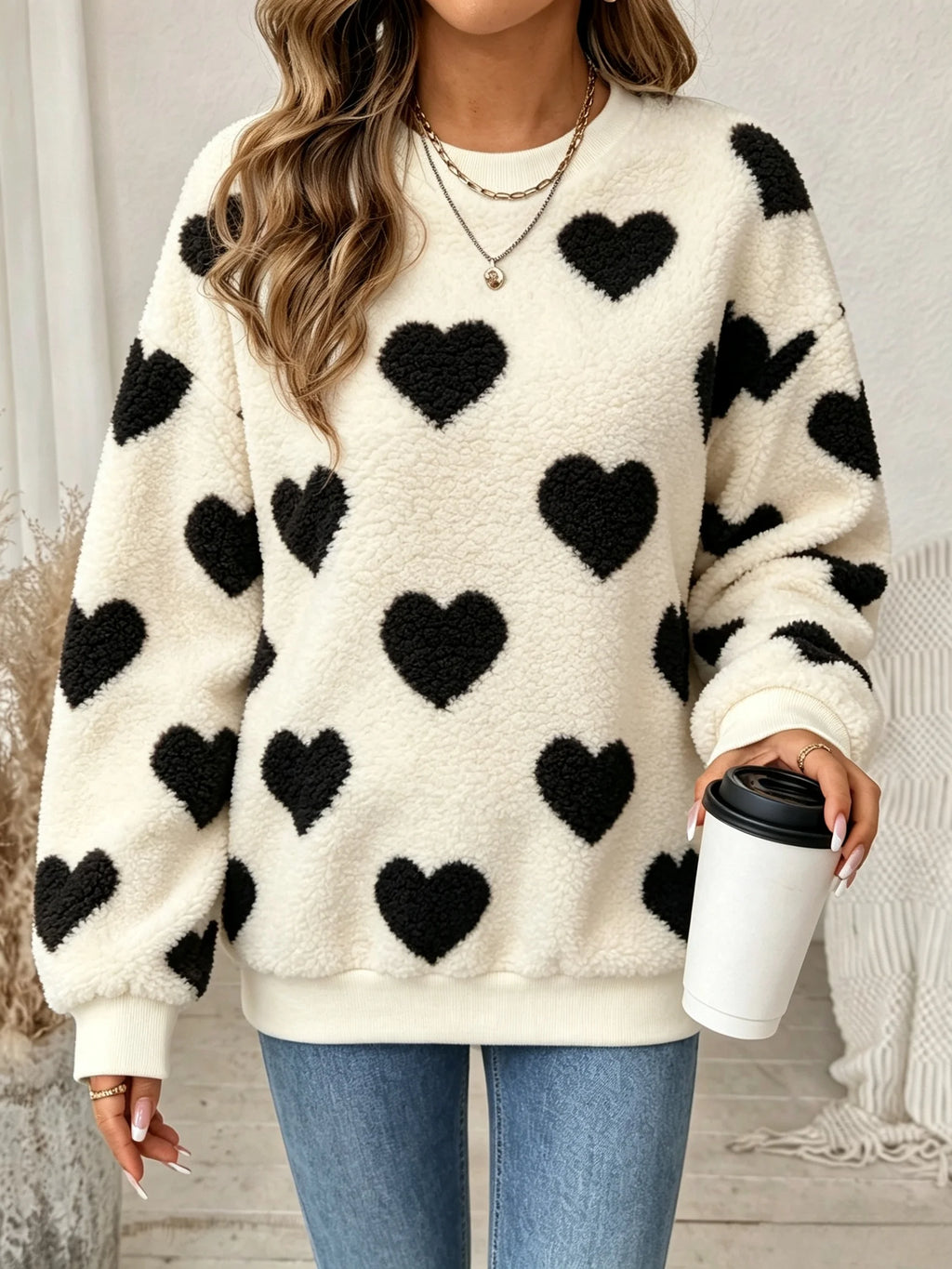Women Fuzzy Teddy Fleece Pullover Sweater, Heart Print Crew Neck Long Sleeve Loose Warm Casual Sweatshirt for Fall Winter