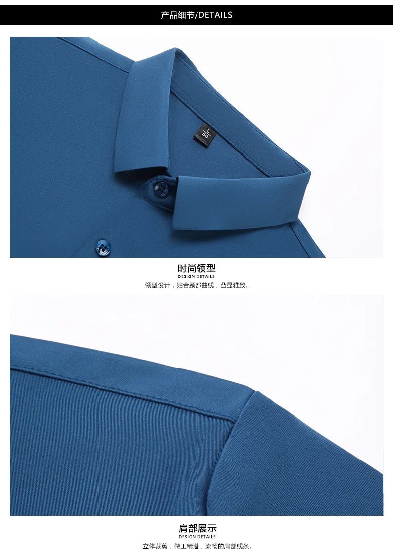 Seamless Anti-wrinkle Business Silky High Elastic Spandex Men's Long-sleeved Shirt Formal Social Non-iron Solid Color Casual